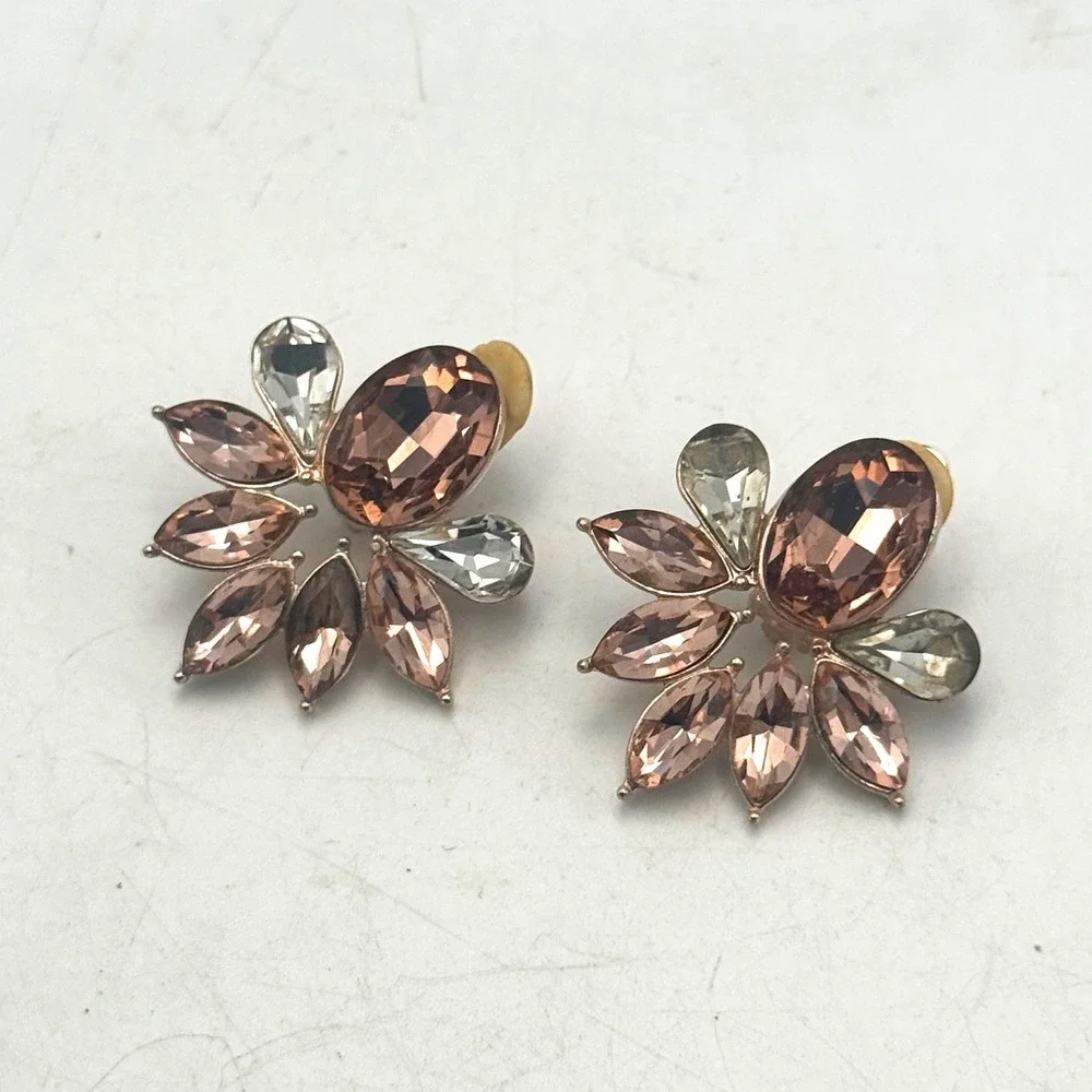 Rose Gold Tone Amber Crystal Floral Sunburst Clip On Earrings Vintage Style